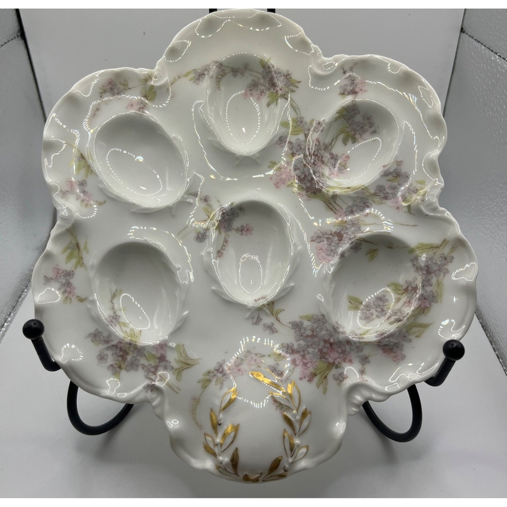 Haviland France Porcelain Egg Plate‎ Lilac Floral Gold Trim Vintage